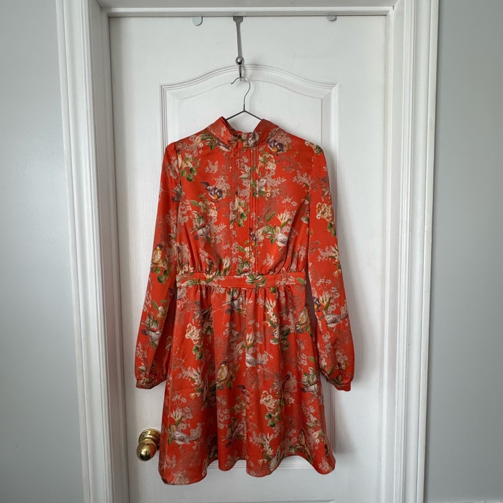 Elegant Floral Long Sleeve Dress in Orange